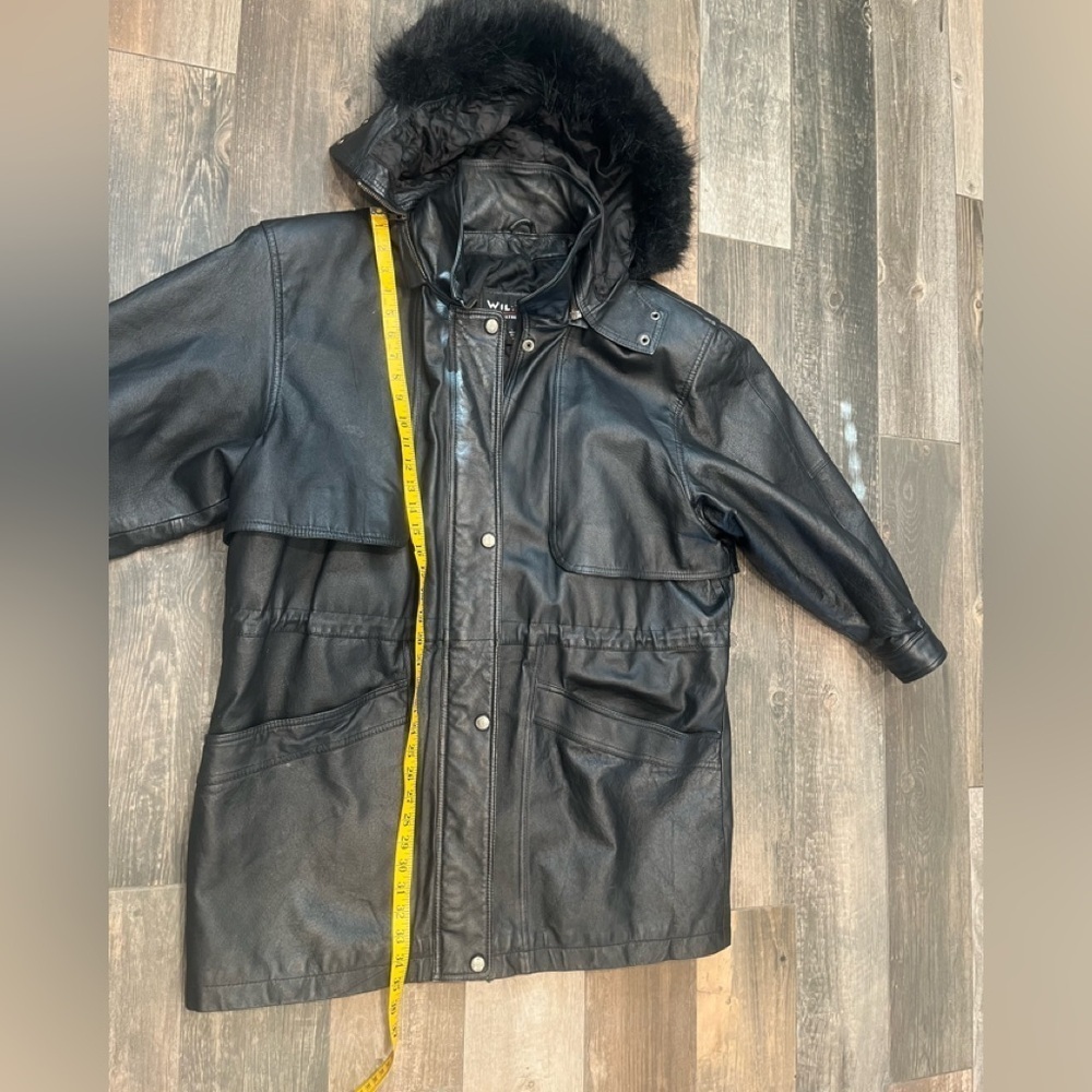 Vintage Wilsons Leather Long XL Black Faux Fur Trim Hooded Womens Coat 90’s - Picture 7 of 11